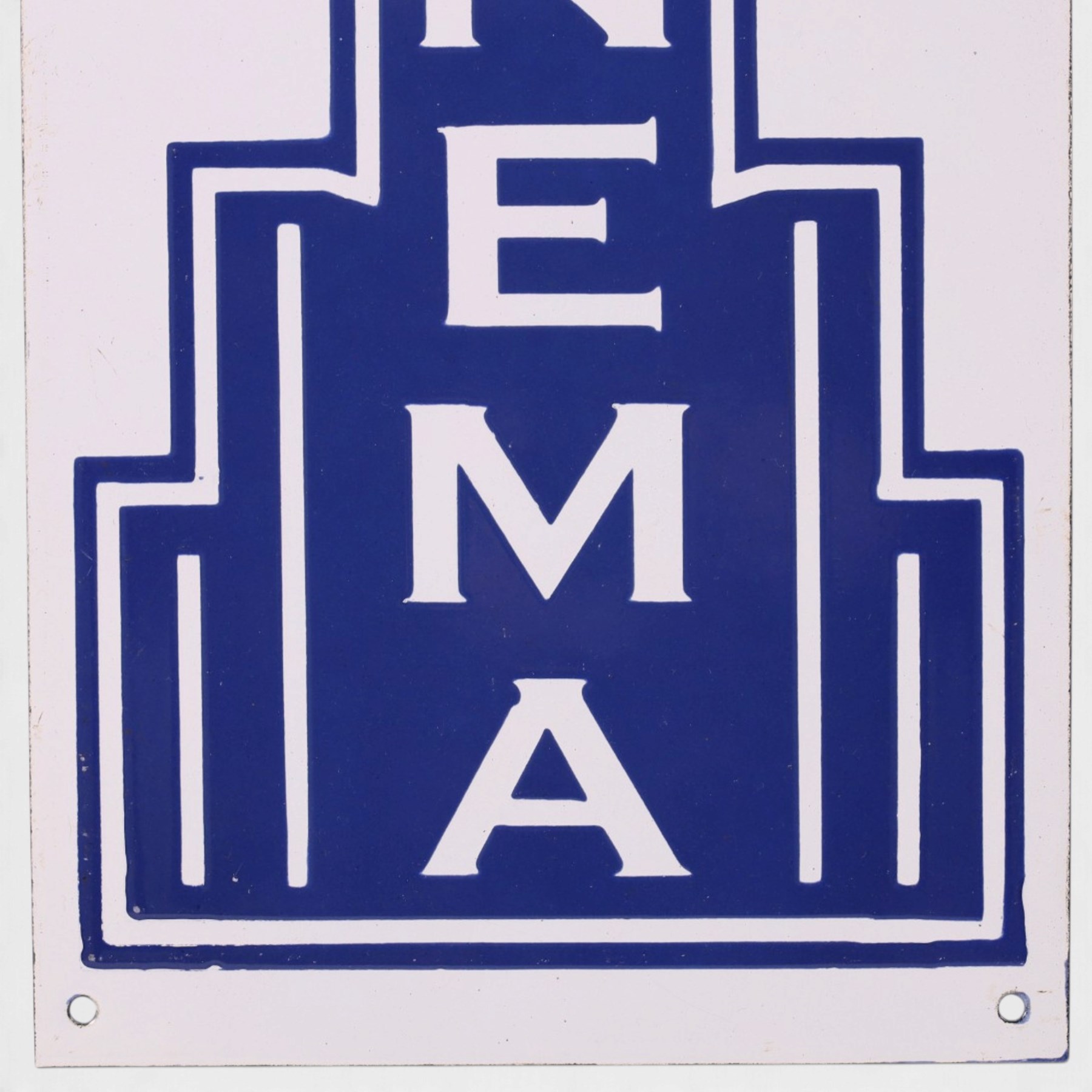 Art Deco style 'Cinema' reproduction enamel sign, blue on a white ground, H43cm