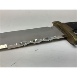 Large Bowie knife the 21cm steel blade marked J.E. Middleton & Sons Rockingham Street Sheffield with brass cross-piece and polished horn grip scales; in leather sheath L36cm overall