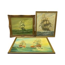 Three mid 20th century oil paintings of masted ships at sea, two on board and one on canvas (3)