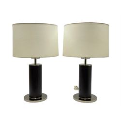Ralph Lauren - pair 'Beckford' table lamps, cylindrical form in chocolate brown leather, polished metal base, with shades