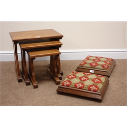  Pair Victorian oak footstools, upholstered seat on bun feet (W34cm, H9cm, D37cm) and nest three oak tables (W45cm, H40cm, D36cm)  