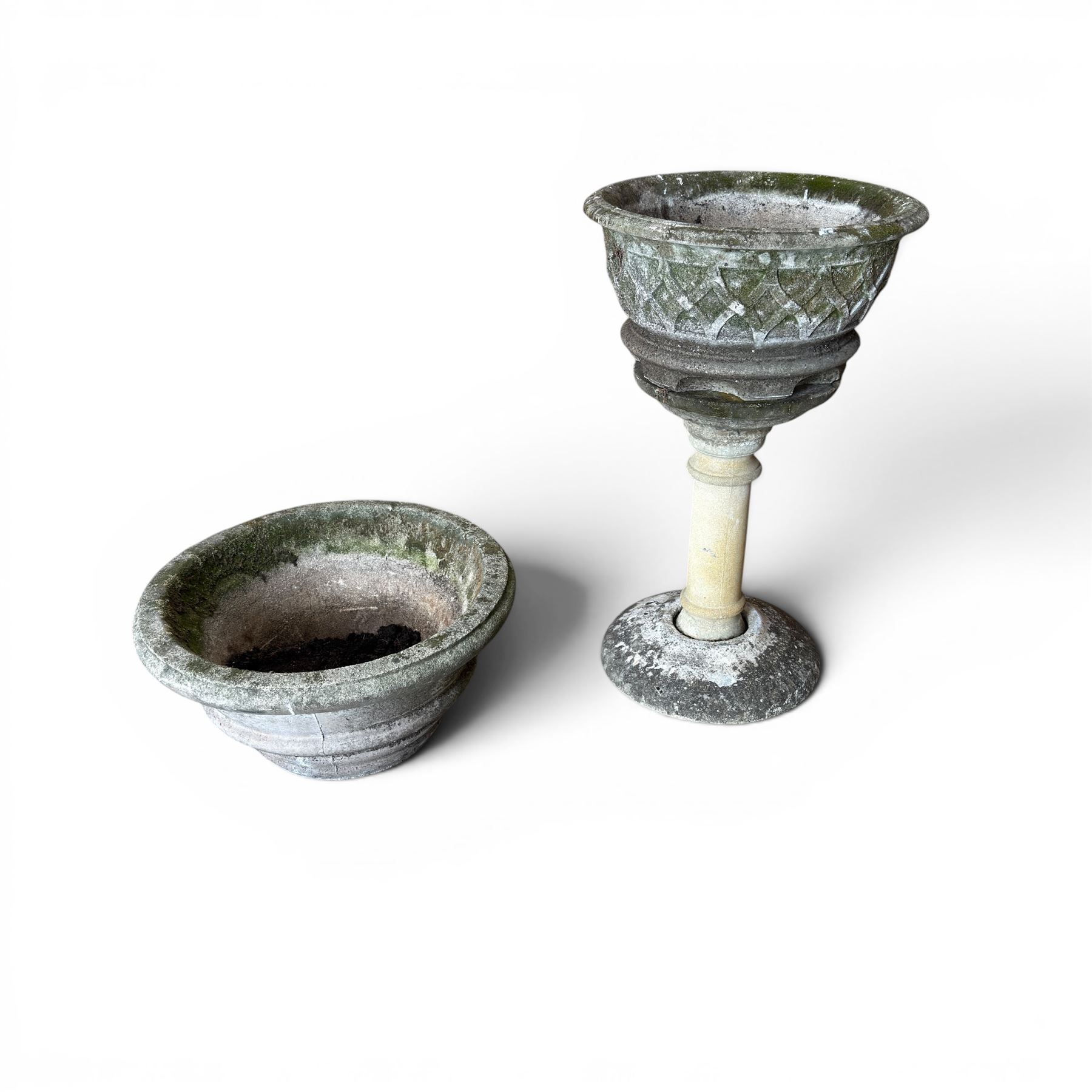 Large circular cast stone planter, and a small lattice planter on raised column