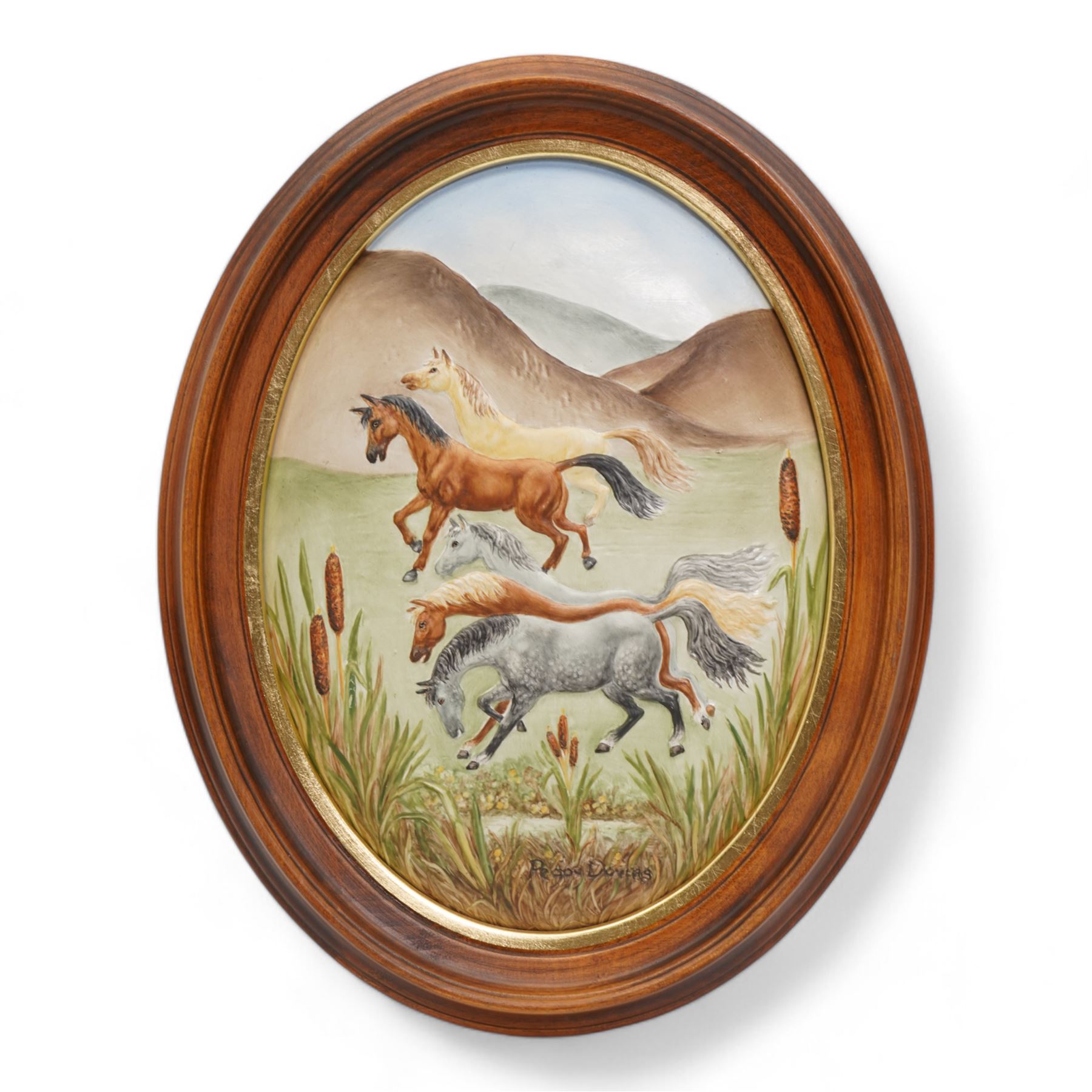 Peggy Davies - group of figures to include 'Dolores', Sea Nymph and Shell, Roaming Horses oval plaque, and a nude statuette, H29cm; together with a Sylfan Davies Toby jug (5)