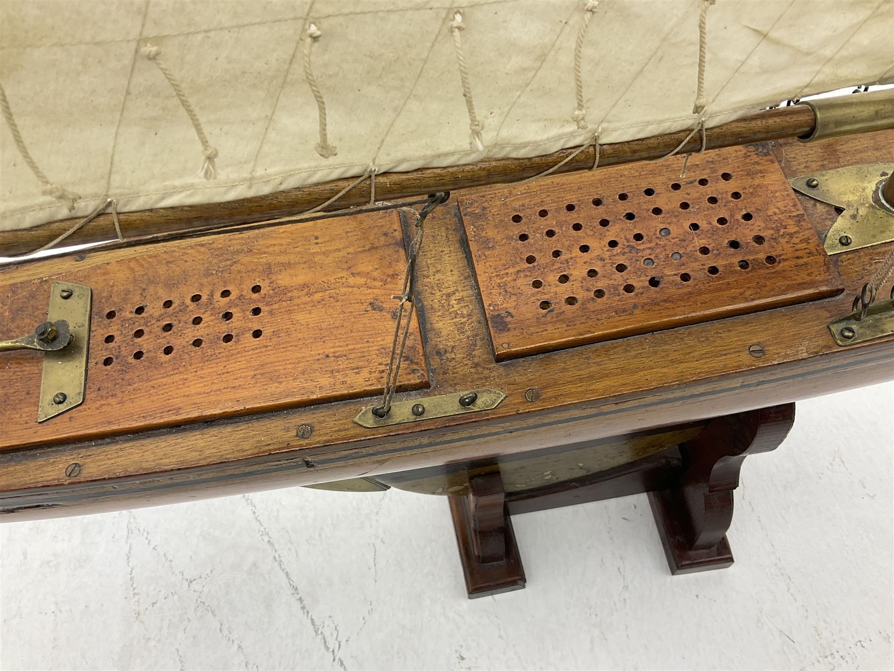 Early 20th century large pond yacht with mahogany hull, stained pine