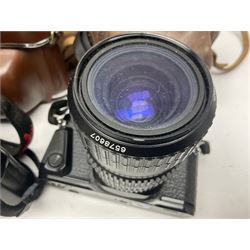 Collection of cameras and lenses, to include Pentax Program A camera body, serial no 123759, with 'Pentax-A zoom 1:3.5-4.5 28-80mm' len, Praktica EE2 camera body with 'Pentacon electric 1.8/50' lens etc, together with a Manfrotto tripod 