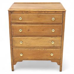 Mid-20th century elm chest, fitted with four long drawers with brass knop handles, the rectangular top with moulded edge, raised on bracket feet