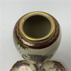 Japanese Satsuma Meiji period vase painted with a mountainous river landscape scene with wisteria and irises; together with a pair of similarly painted small dishes, signature beneath, vase H15cm