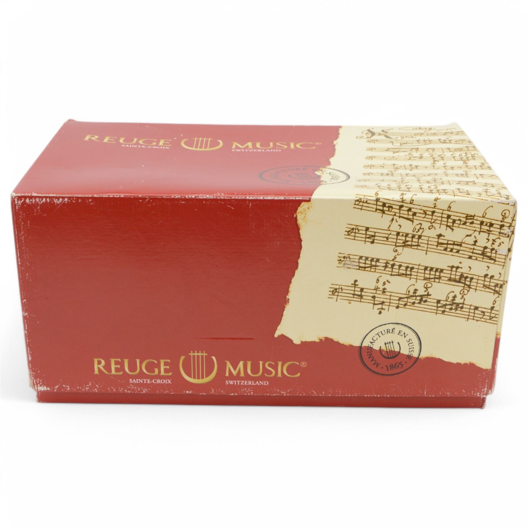 Reuge Sainte-Croix- 21st century Swiss musical box with a highly polished lacquered finish, inlaid and ebonised case with a glazed internal viewing lid, polished steel 144 teeth two-part comb playing three arias from The Phantom of the Opera by Lloyd Webber, with tune indicator and tune sheet.