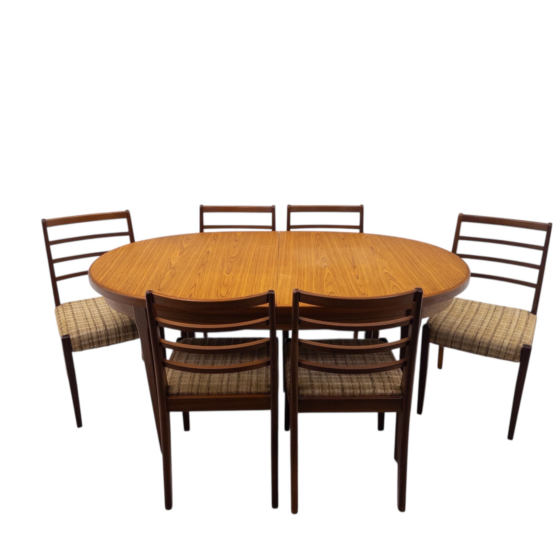 Mid-20th century teak oval extending dining table with set of six teak ladder back chairs with upholstered seats, table W150xD91xH74cm, 199cm extended, chairs W41xD43xH94cm