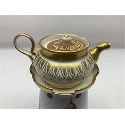 19th century continental teapot and warmer, the teapot upon a cylindrical warming base in the form of a castle, hand printed with 'Le Pantheon', H21cm