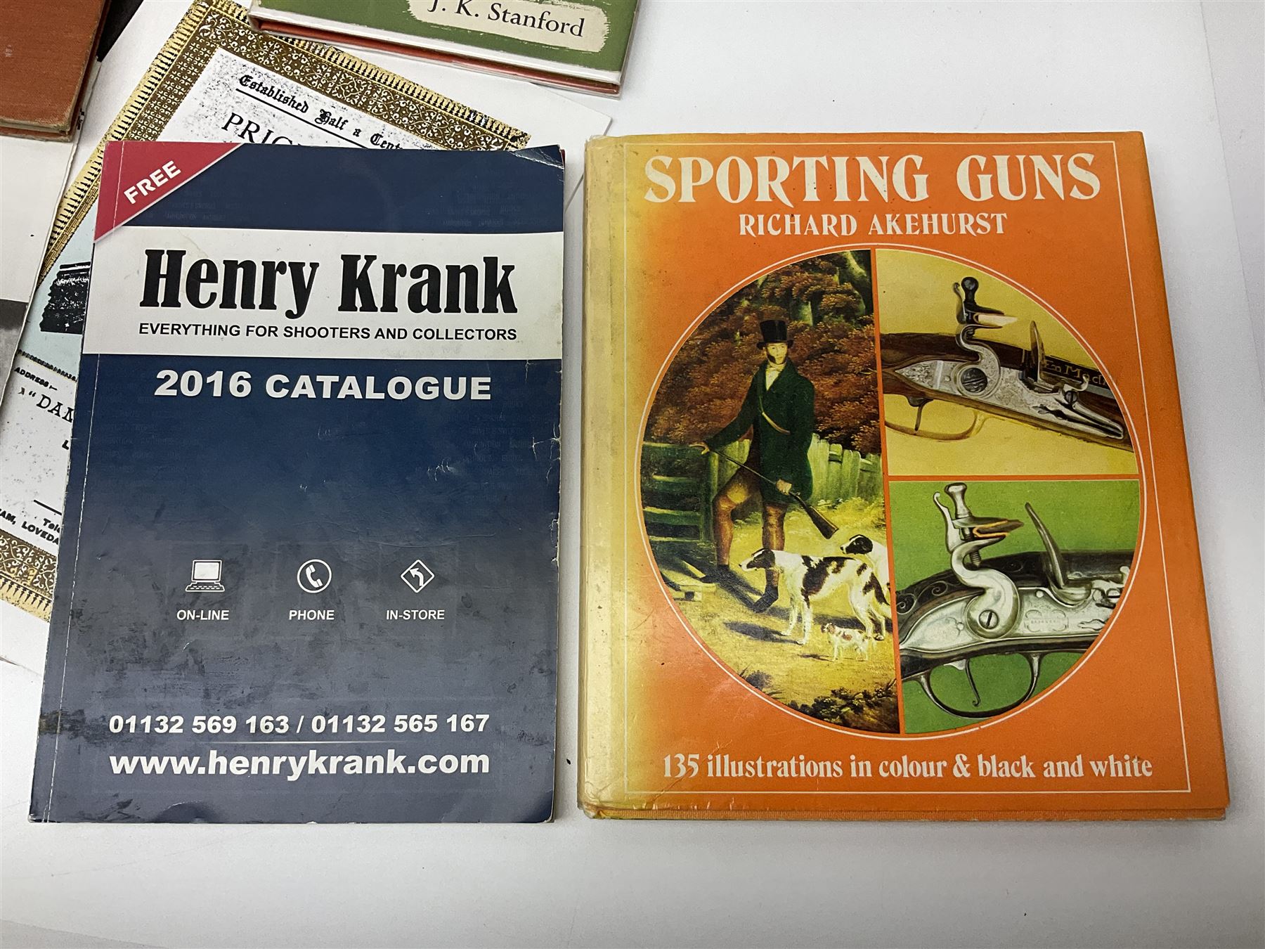 Collection of books, pamphlets and catalogues on guns and shooting including Colin Greenwood: Rook & Rabbit Rifle. 2006; Frank de Haas: Bolt Action Rifles. 1984 and Single Shot Rifles and Actions. 1969; Ian Skinnerton: .577 Snider-Enfield Rifles and Carbines. 2003 and two Small Arms Identification Series booklets; two Collectors Guides on Air Rifles by D.E. Hiller etc; and Bruce Bairnsfather Bystander's Fragments From France No.4