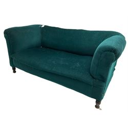 Late 19th to early 20th century hardwood framed settee, traditional shape with rolled arms, drop-end with staggered mechanism, on turned front feet
