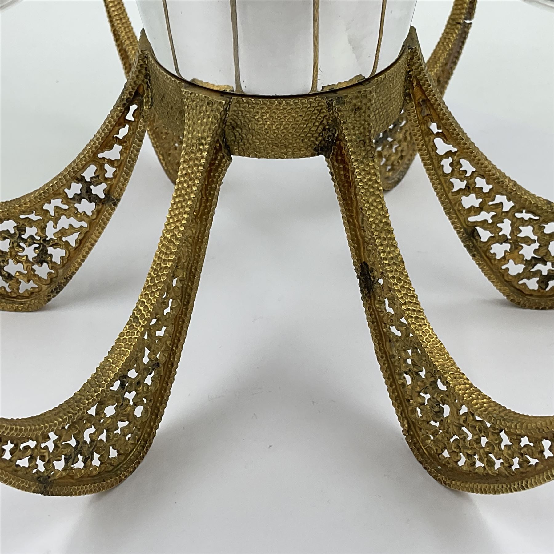 Modernist silver plated candelabra centrepiece by Stuart Devlin, with six pierced gilt branches supporting a central tapering cylindrical rose bowl and six fluted candle holders, with detachable star shaped gilt cover, stamped SD, TG to underside of central bowl, overall H17cm