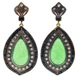  Pair of cabochon jade, onyx and diamond pendant ear-rings  