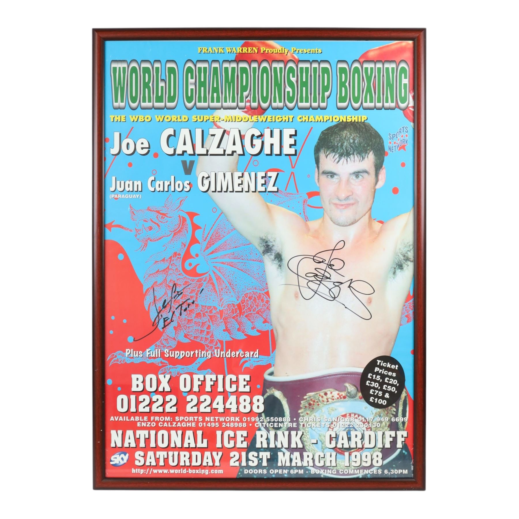 World Championship Boxing poster, signed by Joe Calzaghe and Juan Carlos Gimenez (El Toro), framed, H89cm