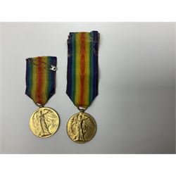 Two pairs of WWI family medals each comprising British War Medal and Victory Medal awarded to 108698 1.A.M. G. Simpson R.A.F. and 99352 Pte. D. Simpson Durh. L.I.; all but one with ribbon