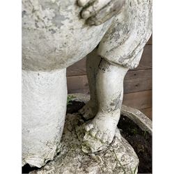 Four cast stone maiden figures, small bird bath and planter