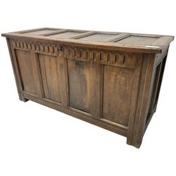 18th century and later oak coffer or chest, rectangular quadruple panelled hinged top, over arcade carved frieze and panelled sides, on stile supports