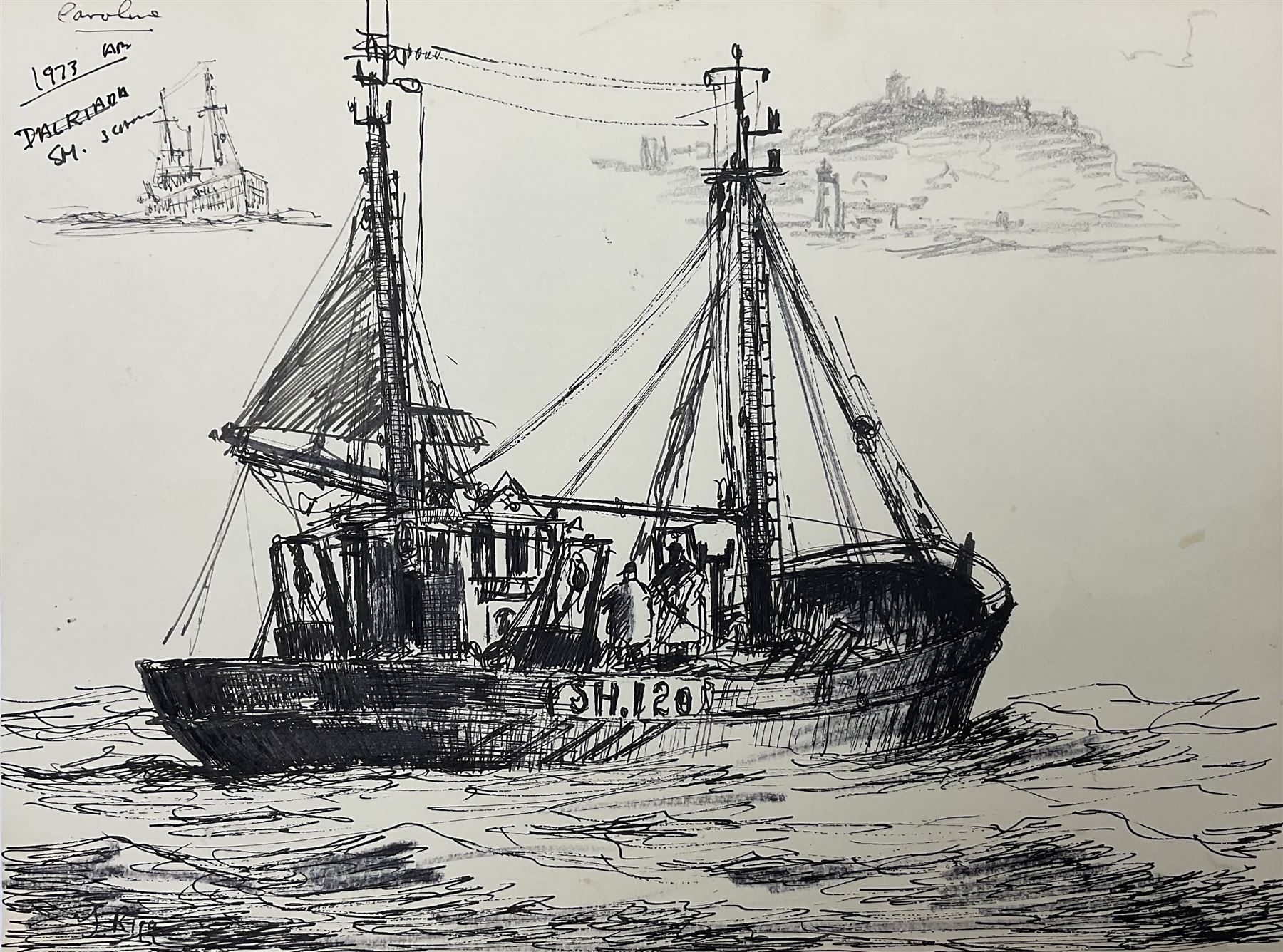 Jack Rigg (British 1927-2023): Scarborough Trawler, pen pencil and ink sketch signed and dated 1973, 20cm x 27cm (unframed)