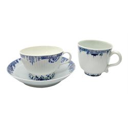 18th century Worcester trembleuse saucer, tea cup, and coffee cup, circa 1760, each of part reeded form with lambrequin borders, tea cup with crescent mark beneath, teacup D7.5cm, saucer D12cm
