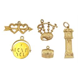 Five 9ct gold pendant / charms including double heart and arrow, 'I Love You', barrel, clock and bagpipes, all hallmarked