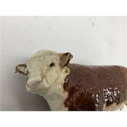 Five Beswick cows, comprising Aberdeen Angus cow, approved by the Aberdeen Angus Cattle Society no. 1562, Two Hereford Bulls, 'Ch. of Champions' no. 1363, Hereford  cow 'Ch of Champion' no. 1360, and calf no.1827, all with printed mark beneath 