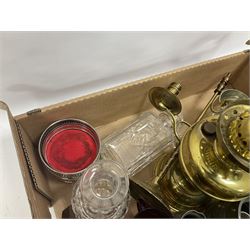 19th century cut ruby glass engraved A Present from Scarborough, with single handle, two decanters, two silver plated wine bottle coasters, collection of pewter tankards, brass oil lamp and barometer