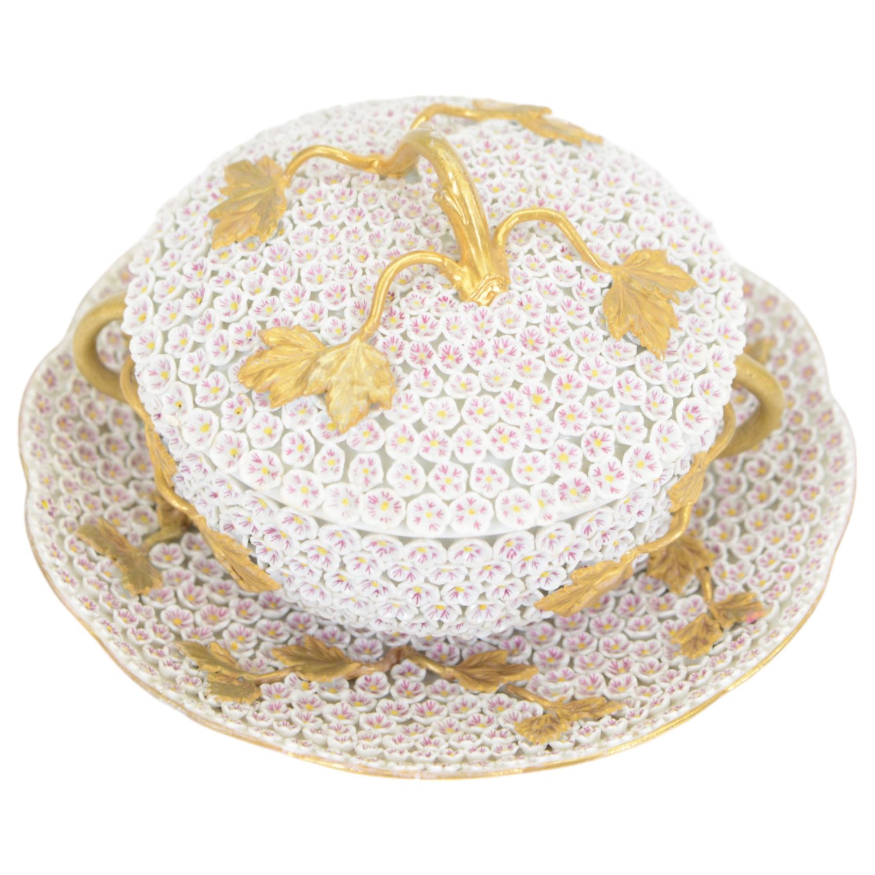 Meissen style Schneeballen or Snowball ecuelle, cover, and stand, profusely encrusted throughout with small white flower heads, with gilt vine handles and detail, overall H10.5cm, stand D18cm