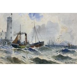 Austin Smith (British early 20th century): Steam Trawler off Scarborough Lighthouse, watercolour signed and dated 1901, 24cm x 35cm