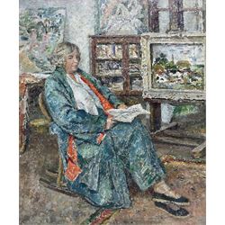 English School (Early/mid 20th century): Portrait of a Lady in the Artist's Studio, oil on board unsigned 60cm x 50cm