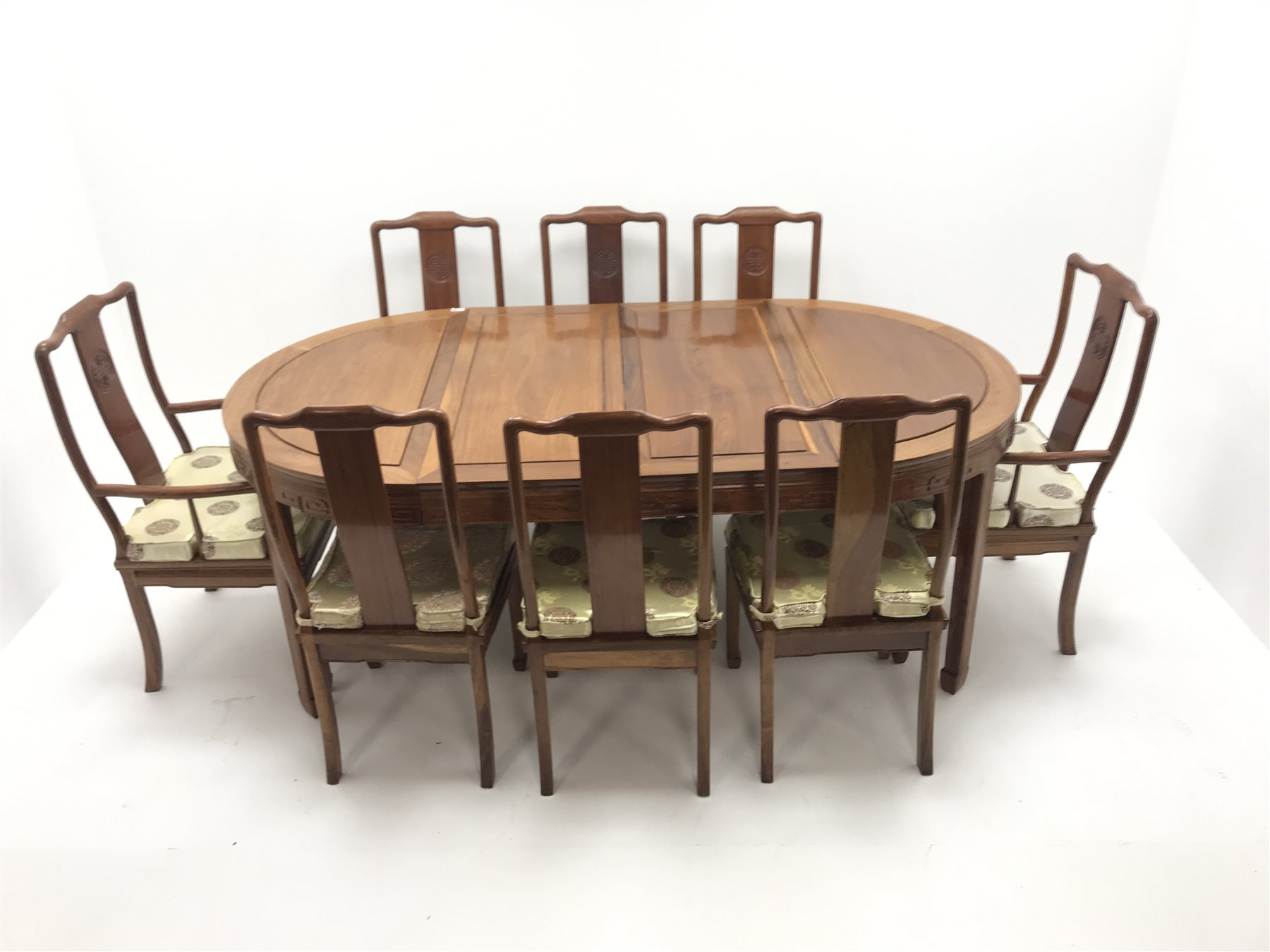 Chinese rosewood extending dining table with two leaves, square tapering supports on spade feet (W203cm, H78cm, D112cm) and set eight (6+2) chairs (W56cm)