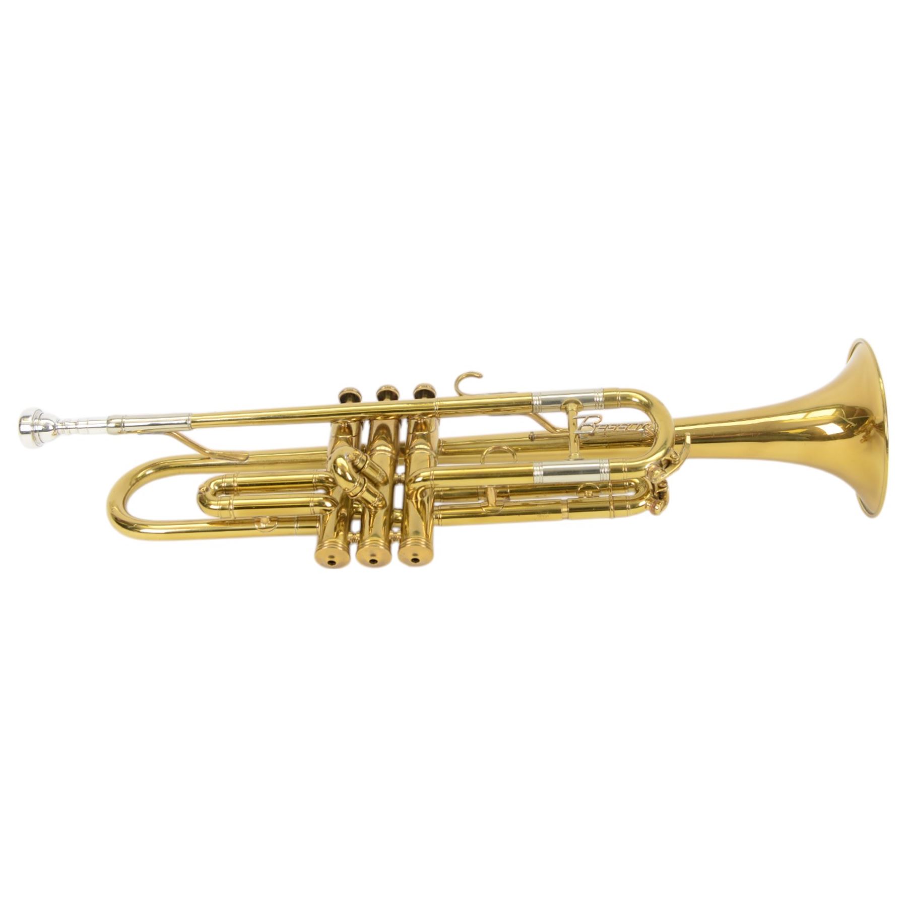 Besson brass trumpet, with three piston valves and finger hook, heavily lacquered finish with mouthpiece, within a velvet lined hard case