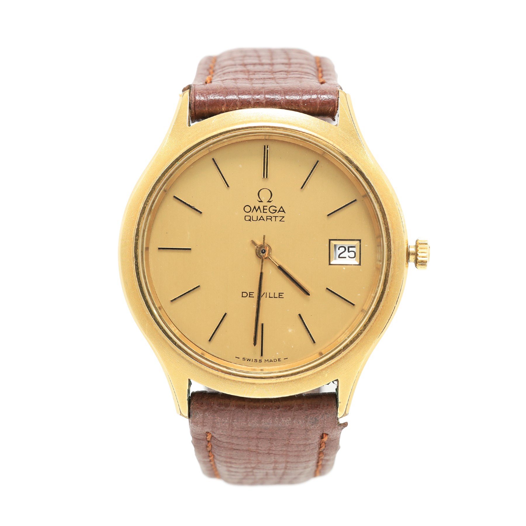 Omega De Ville gentleman's gold-plated and stainless steel quartz wristwatch, baton hour markers with date aperture, case No. 192.0027, on brown leather strap