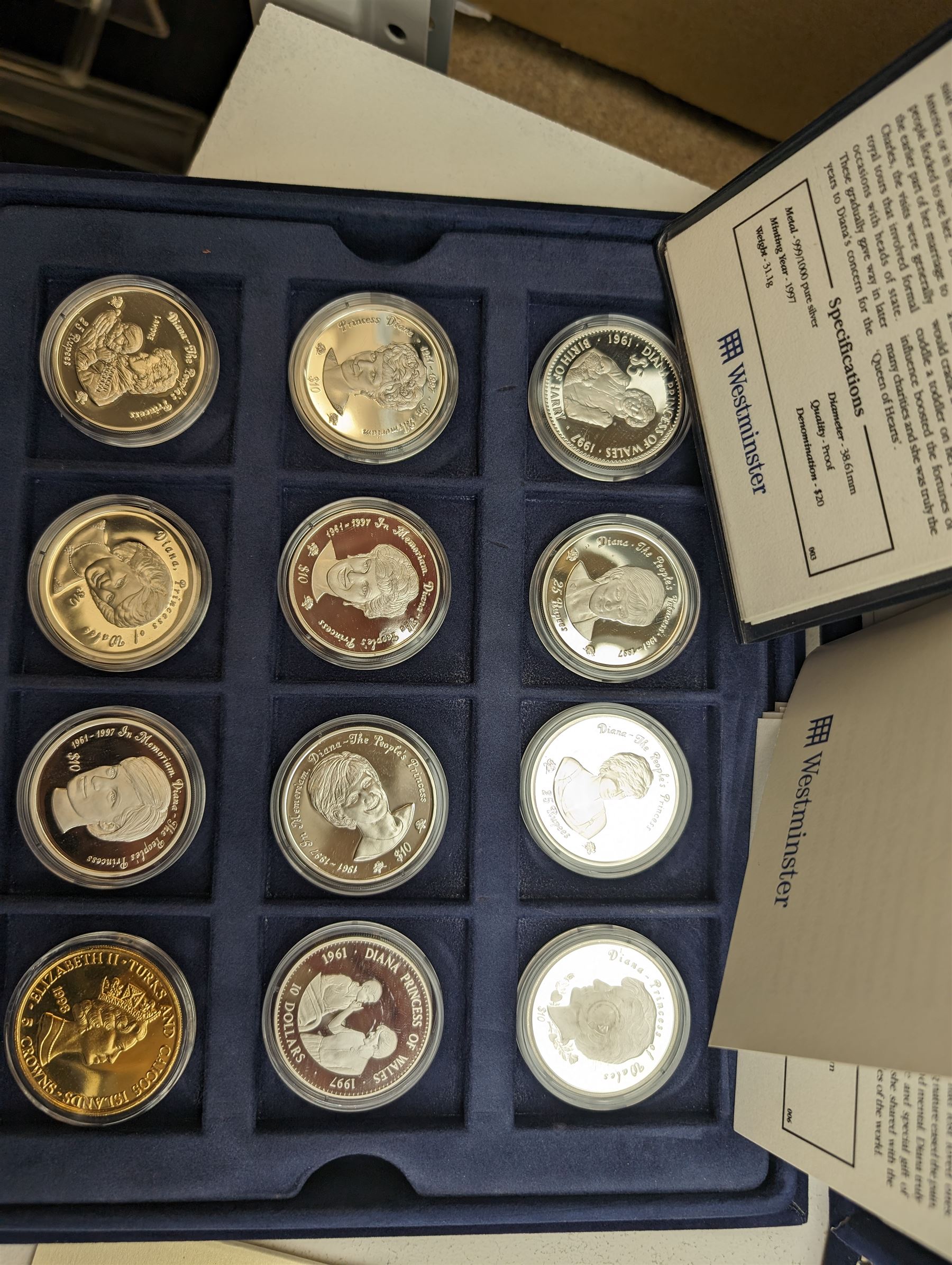 Large collection of modern commemorative coins, mostly being silver proof, including Queen Elizabeth II Bailiwick of Guernsey 1999 'Sir Winston Churchill' one pound, 2000 'HM Queen Elizabeth The Queen Mother', various sterling silver proof coins from the 'Golden Wedding Anniversary Silver Collection' including Bailiwick of Guernsey 1997 five pounds, Bermuda 1997 two dollars, Republic of Malawi 1997 five kwacha, Falkland Islands 1997 five pounds, Bailiwick of Jersey 1997 five pounds, Alderney 1997 two pounds etc, various sterling silver proof and portrait highlighted in gold coins from the 'Golden Jubilee Collection' including Cayman Islands 2002 two dollars, Bailiwick of Guernsey 2003 five pounds etc, housed in various coin displays or cases, mostly with certificates