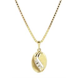 Gold oval pendant, set with three round brilliant cut diamonds, on gold box link chain necklace, both hallmarked 9ct