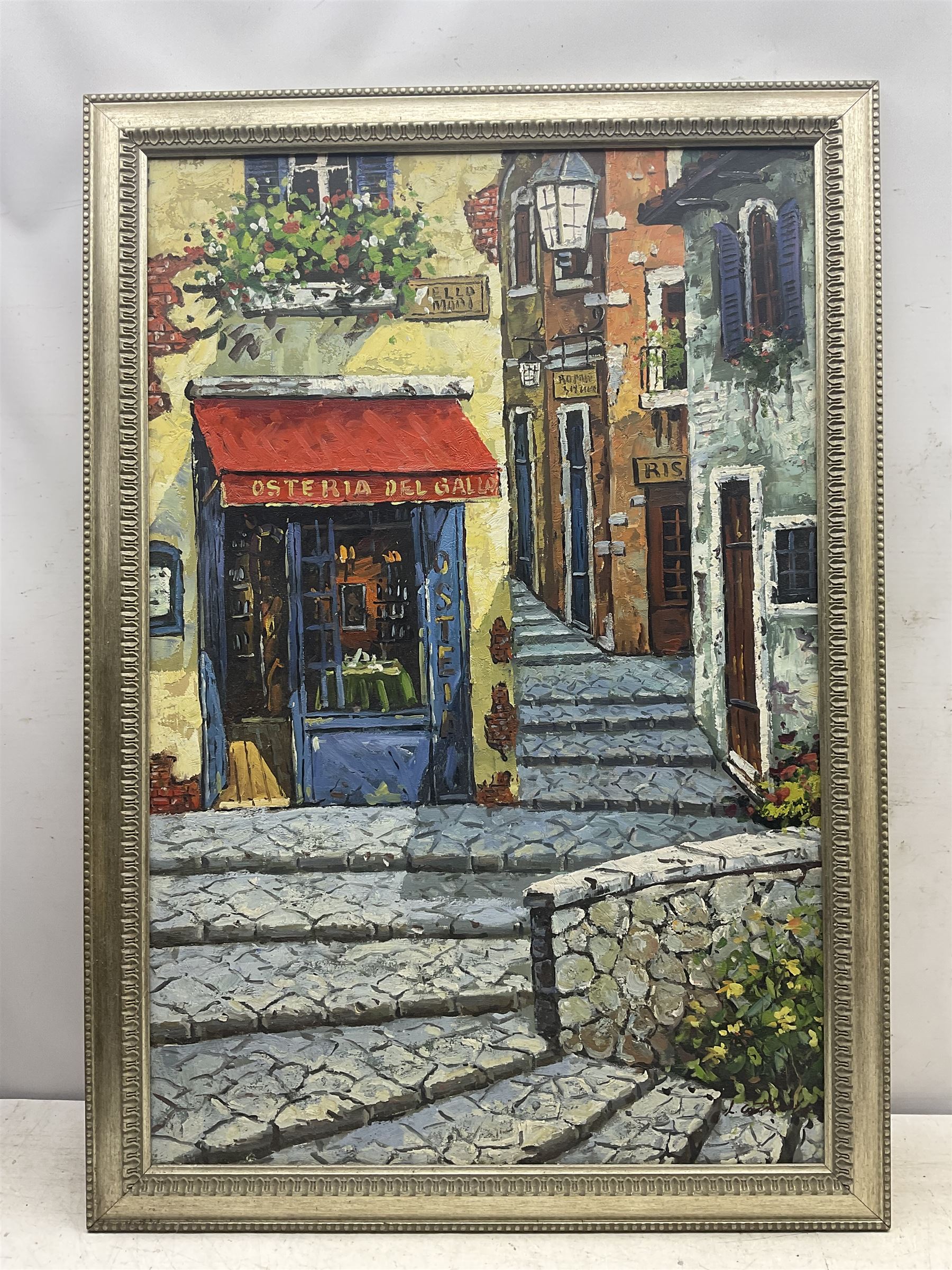 L Catherine (Continental 20th Century): Italian Cobbled Street, oil on canvas signed 90cm x 59cm 