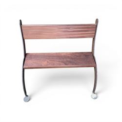 Corten steel industrial minimalism garden
bench, sapele hardwood plank seat and
backrest, unfinished steel with stained
timber