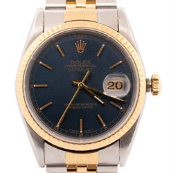 Rolex Oyster Perpetual Datejust gentleman's stainless steel and gold automatic wristwatch, circa 1991, Ref. 16233, serial No. X621666, blue dial with baton hour markers, on Rolex Jubilee stainless steel and gold bracelet, with fold-over clasp, boxed with papers