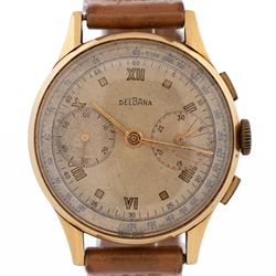 Delbana gentleman's 18ct gold manual wind chronograph wristwatch, circa 1950, dial with square and Arabic hour markers, subsidiary dials at 3 and 9 for seconds and 30 minute recording, stamped 18K 750 with Helvetia hallmark, on brown leather strap