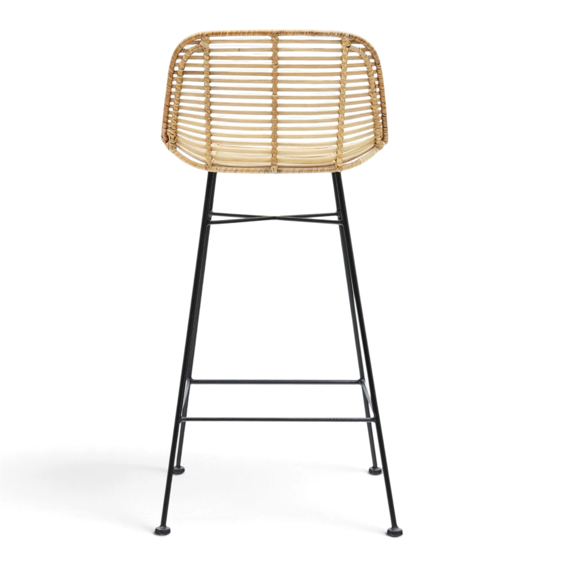 Next - set of three 'Pacific' bar stools, caned back and seat, raised on black tubular supports