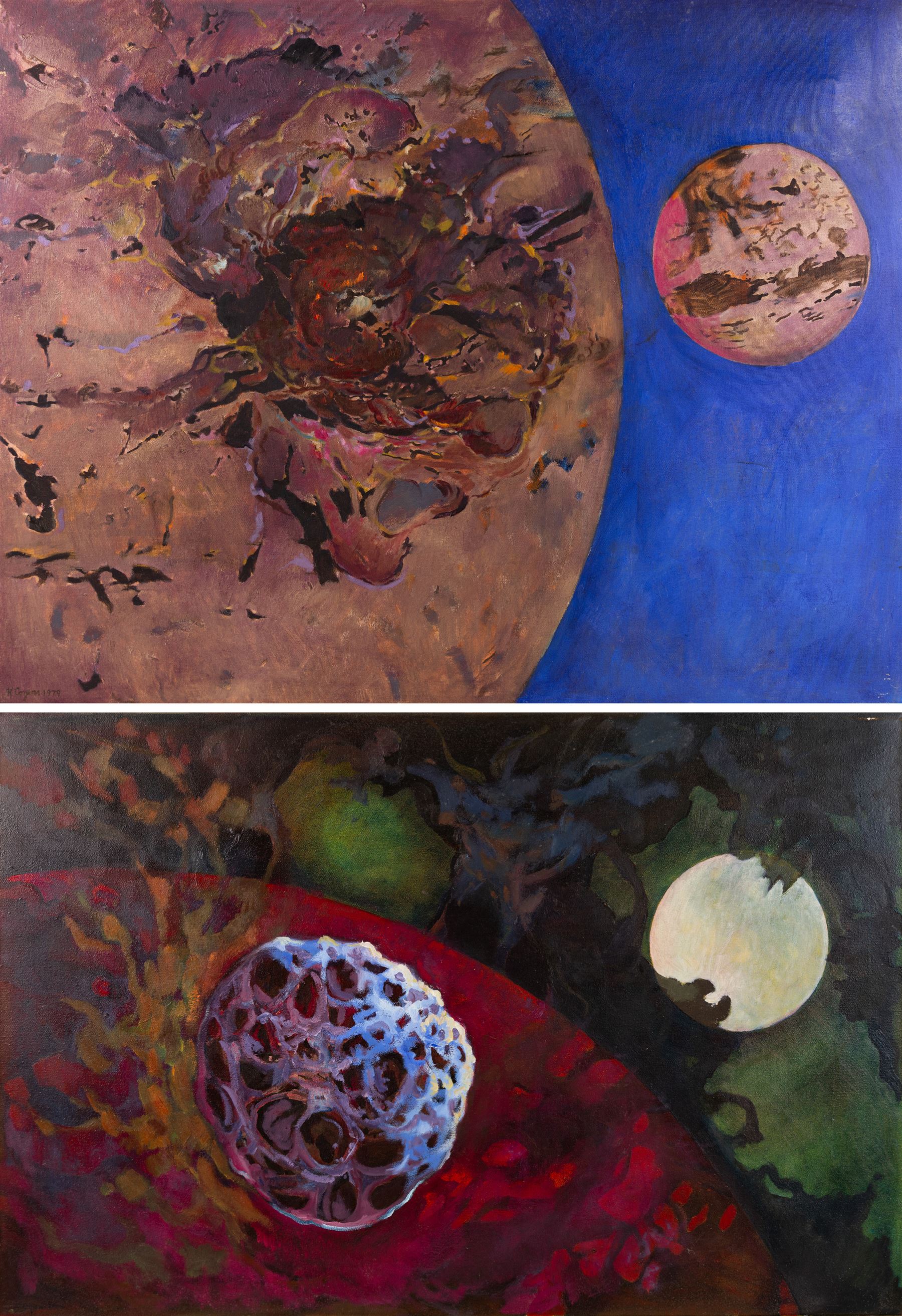 Kenneth Cozens (British 1920-2000): 'Genisis' and 'Red Planet', set of two oils on canvas signed and dated 1979, titled verso max 70cm x 91cm (2)