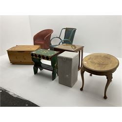 Furniture lot to include, Lloyd Loom armchair, pine blanket box, mahogany oval occasional table, nest of three tables, painted stool and umbrella basket 