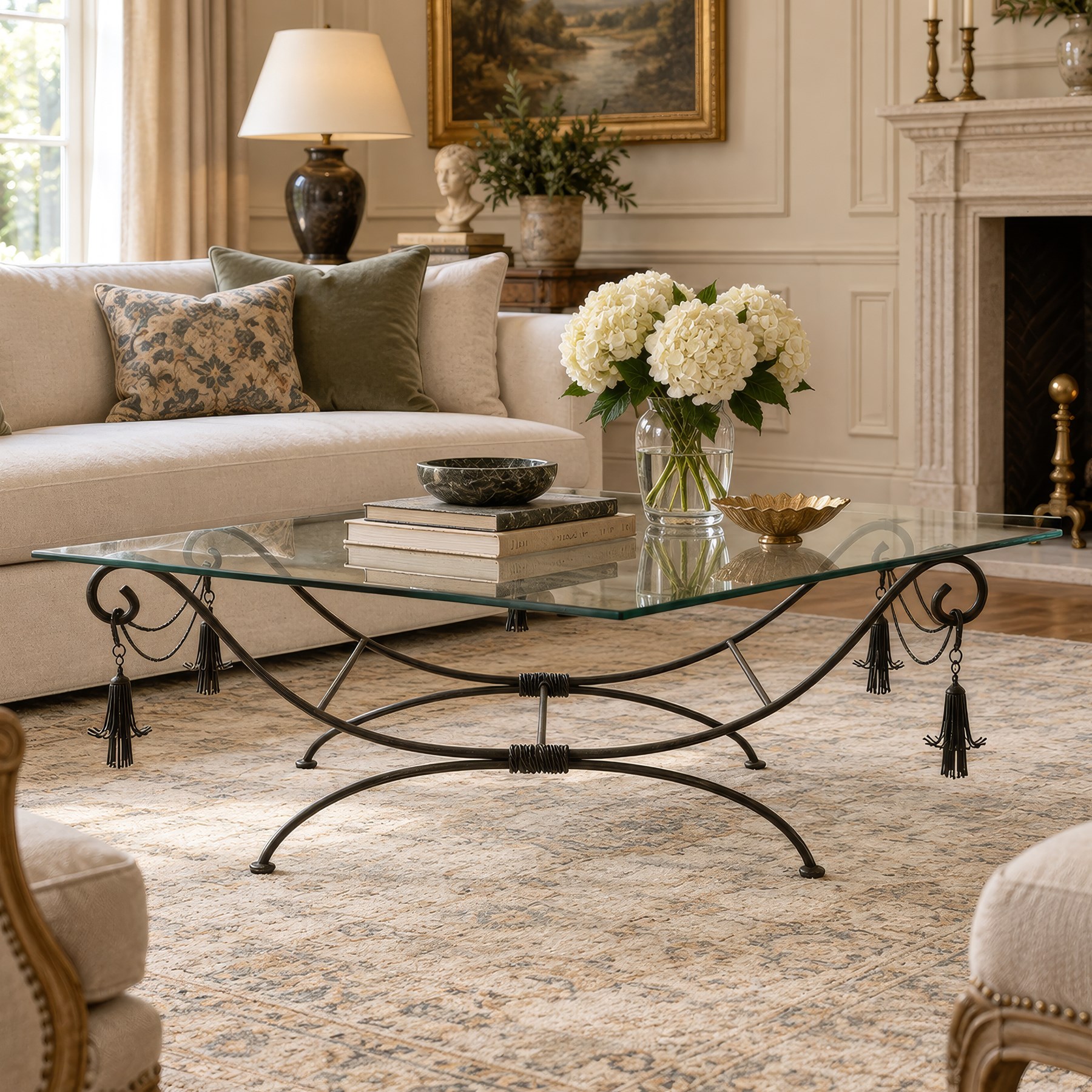 In the manner of Maison Jansen - Regency inspired glass and wrought metal coffee table with scrolling X-form base