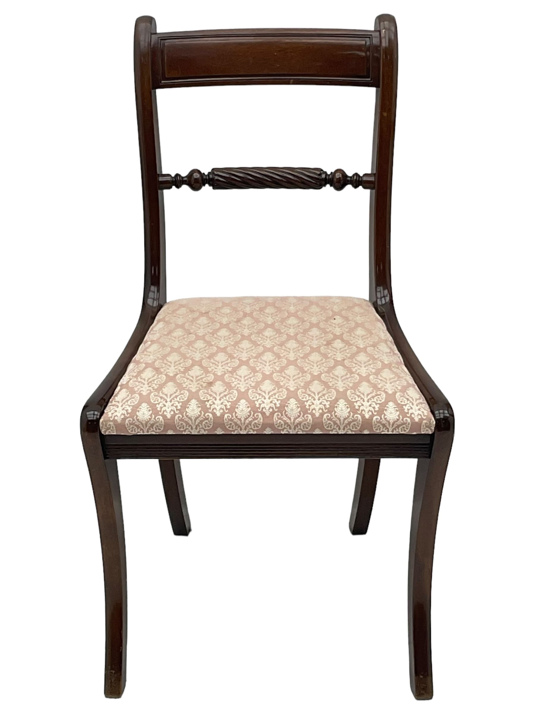 Regency design mahogany extending dining table, rectangular top with extending canted corners, pull-out action with additional leaf (84cm x 136cm - 182cm, H76cm); set of eight Regency design mahogany dining chairs with rope twist rails