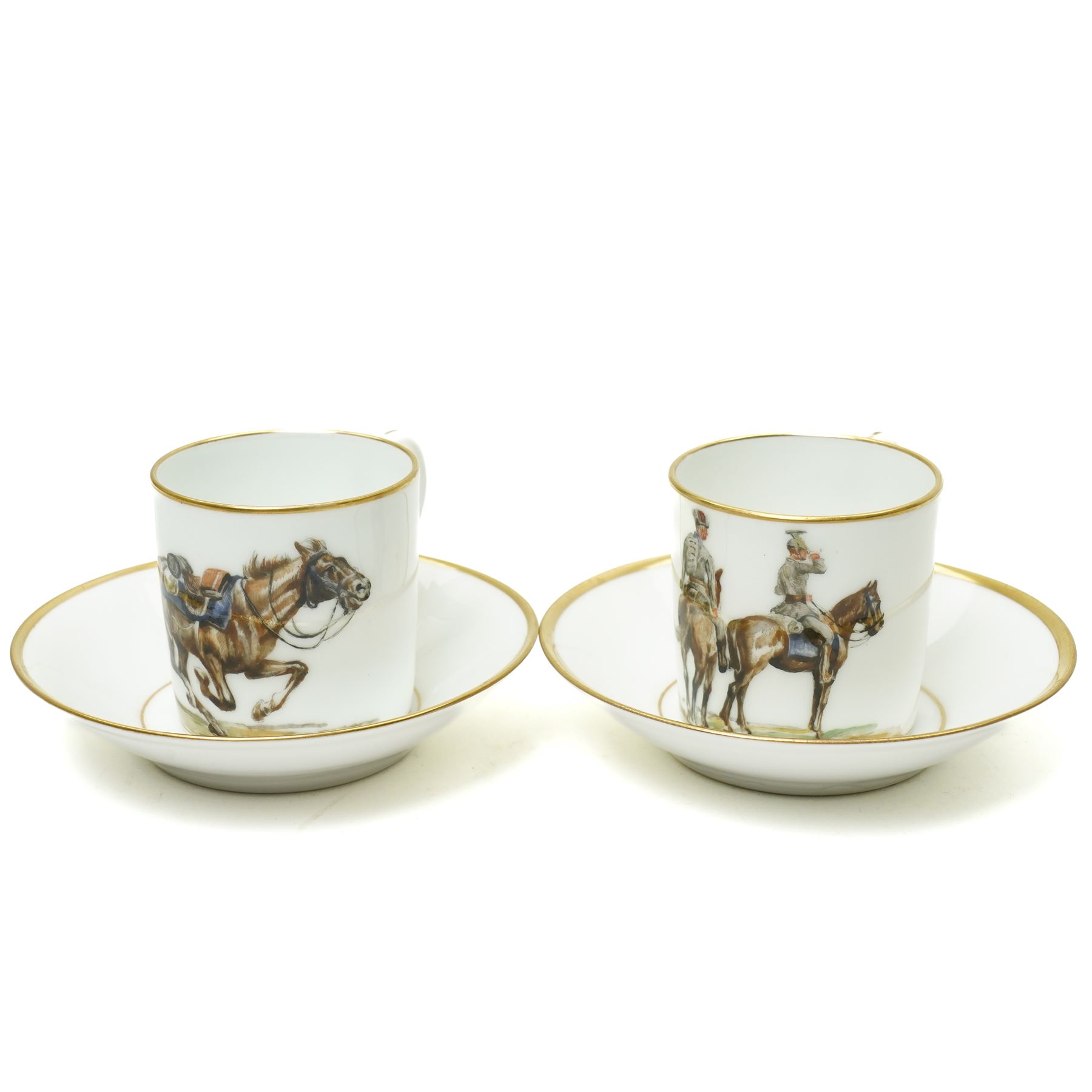 Nymphenburg coffee set painted with WWI military scenes after Hans Kratzer, comprising six coffee cans and saucers, coffee pot, cream jug and covered sugar bowl