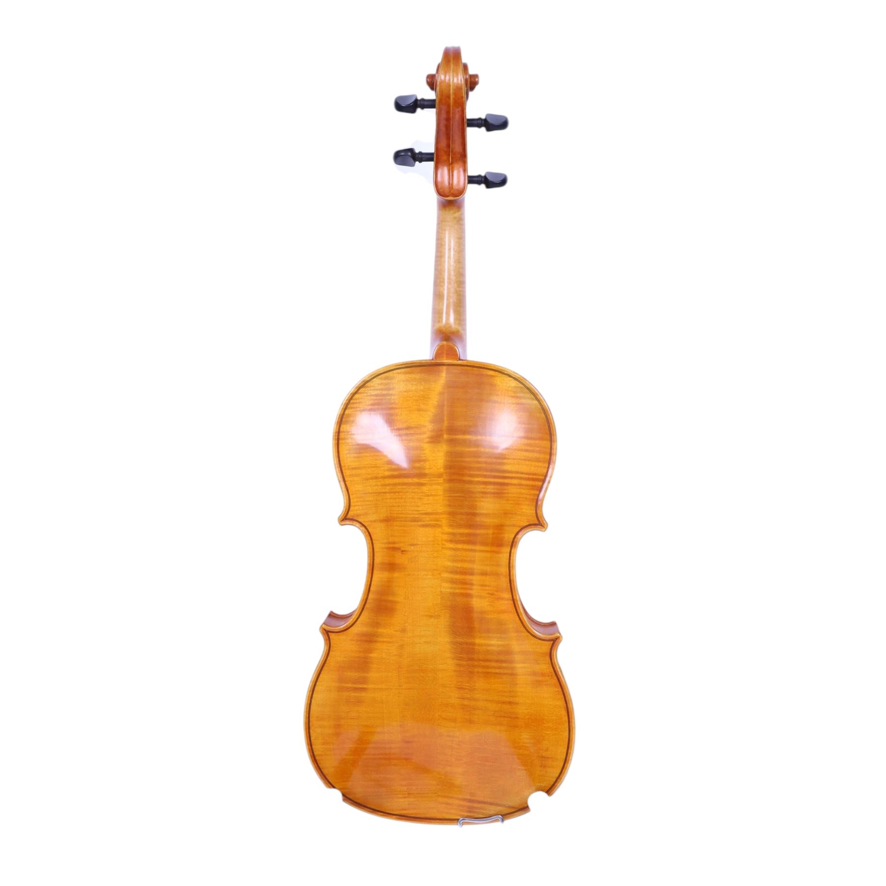 Late 20th century German full size viola, labelled to interior 'Walter Muller Bad Brambach 1976 made in GDR' with two-piece back, ebonised finger board, tuning pegs and tail piece, with a carved scroll and two bows, in hard fitted case, back length 16 inches