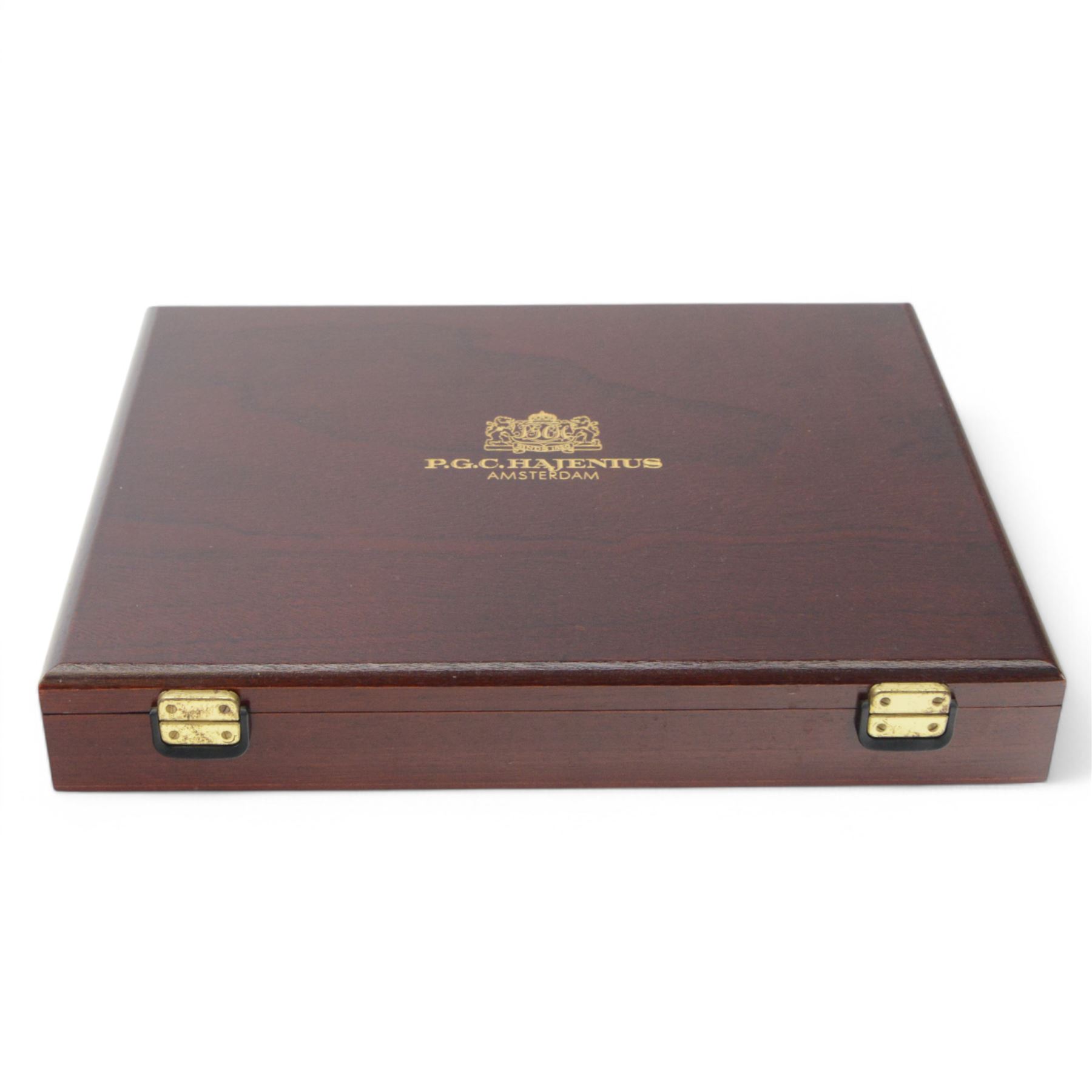 P.G.C. Hajenius of Amsterdam mahogany humidor, containing various loose Hajenius cigars, including Corona, Corona Naturel Special, Klieine Tuitnak, with matches and cigar cutter, D30cm, L38cm   