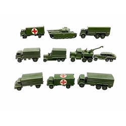 Dinky - twenty-two unboxed military vehicles comprising 152b Reconnaissance Car, 660 Thornycroft Mighty Antar Tank Transporter with 651 Centurion Tank, 621, two x 622, 623, two x 626, 641, 643, 661, two x 670, 674, 677, two x 686 and four others (22)
