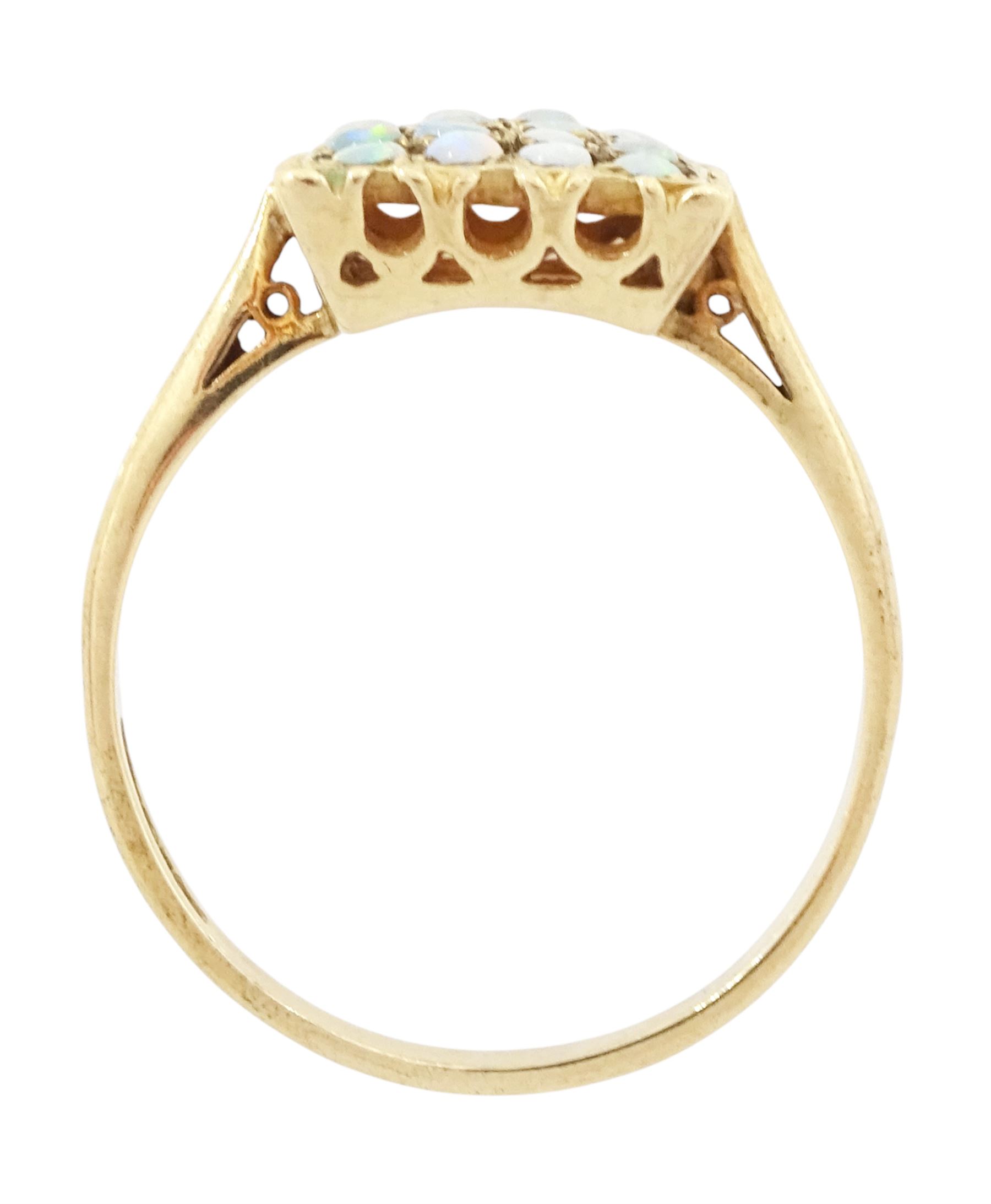 9ct gold opal panel ring, set with twenty-four opals, hallmarked