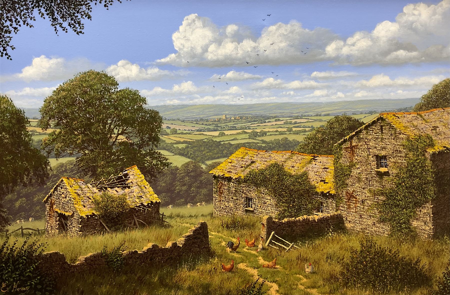 Edward Hersey (British 1948-): Chickens Feeding in Farmyard Ruins, oil on canvas signed 39cm x 59cm